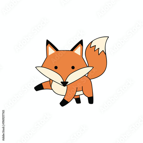 Cute cartoon fox with orange fur, bushy tail, and black paws, standing