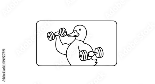 Funny cartoon duck lifting dumbbells, strong animal fitness concept