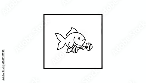 Funny cartoon goldfish lifting weights, fitness and healthy lifestyle concept