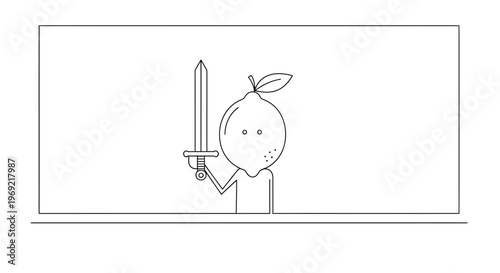 Funny Lemon Character with Sword, Cartoon Style, White Background
