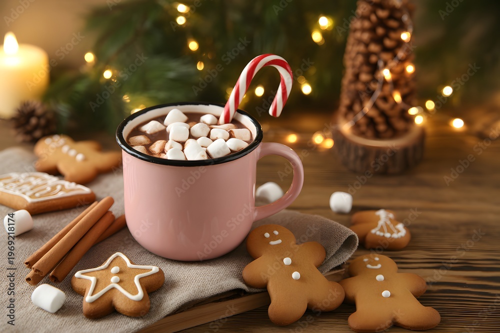 Fototapeta premium A delightful pink mug of hot chocolate with marshmallows and a candy cane sits by festive gingerbread cookies