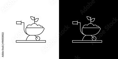 Simple line art icon of a wheelbarrow filled with soil and a sprouting plant, on black and white backgrounds