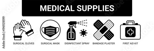 Medical Supplies web banner icon vector illustration concept with icons of surgical gloves, surgical mask, disinfectant spray, bandage plaster, and first aid kit.