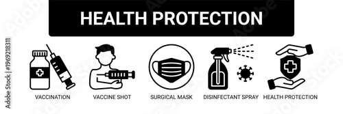 Health Protection web banner icon vector illustration concept with icons of vaccination, vaccine shot, surgical mask, disinfectant spray, and health protection.