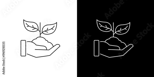 Icon representing a sprout growing from a hand holding soil, symbolizing growth, nature, and care