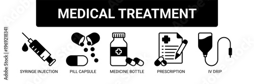 Medical Treatment web banner icon vector illustration concept with icons of syringe injection, pill capsule, medicine bottle, prescription, and IV drip.
