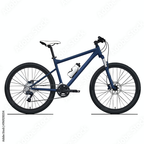 Dark blue mountain bike with white saddle and water bottle