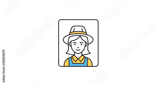 Farmer Woman Icon Portrait, Smiling, Wearing Hat and Overalls, Simple Flat Design