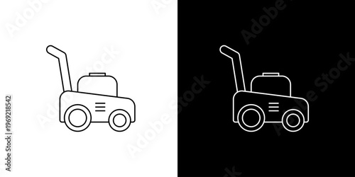 Simple outline icon illustration of a lawn mower on white and black backgrounds