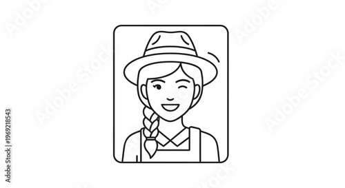 Farmer Woman Winking, Wearing Hat and Apron, Line Art Icon