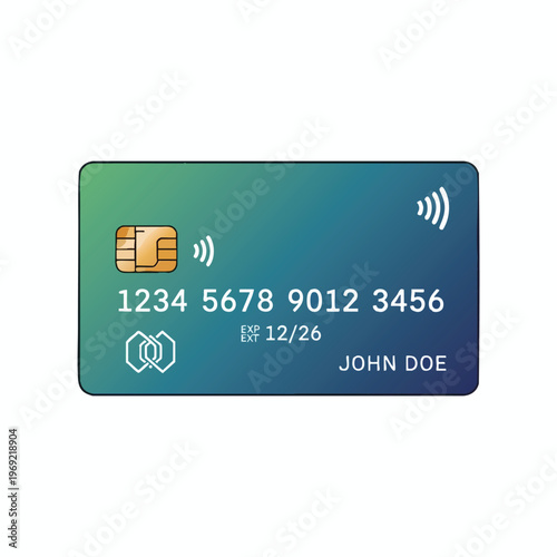 Credit card with chip, contactless symbols, expiry date, and name
