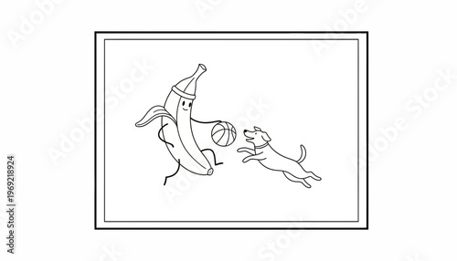 Funny banana playing basketball with a dog, cartoon style