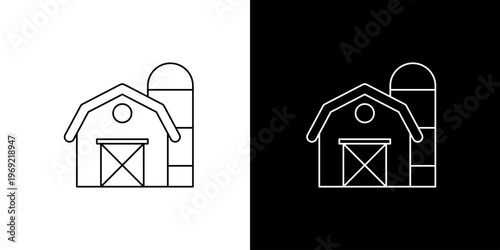 Simple line art icon illustration of a farm barn and silo, presented on both white and black backgrounds for versatile use