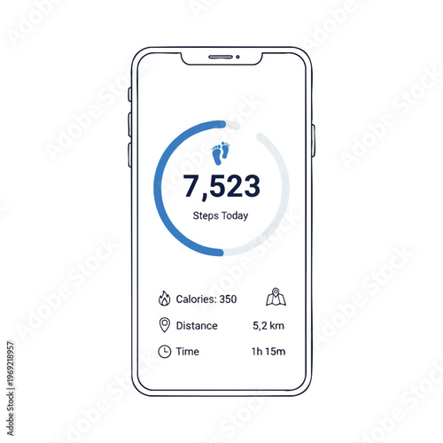 Smartphone app displays fitness tracker data 7,523 steps, 350 calories, 5.2km distance, 1h 15m