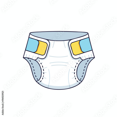 A white, blue, and yellow infant diaper with a dotted seam detail