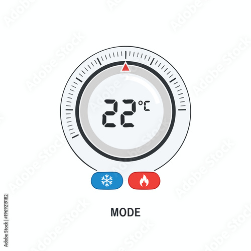 Digital thermostat displays 22°C, with buttons for cool and heat modes