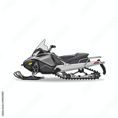 Sleek modern snowmobile in grey, black, and white, on white background