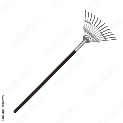 A fan rake tool with a long dark handle and a metal head with curved tines