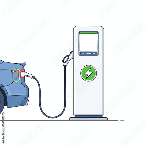 Blue electric car at a charging station with a lightning bolt symbol