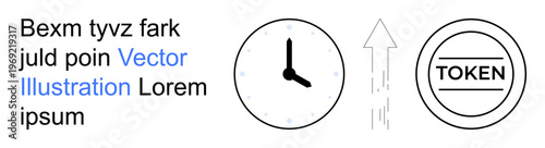 Blockchain, time tracking, cryptocurrency, productivity, upward mobility, digital economy. A clock, upward arrow and circular token symbol. Blockchain and time tracking conceptual design
