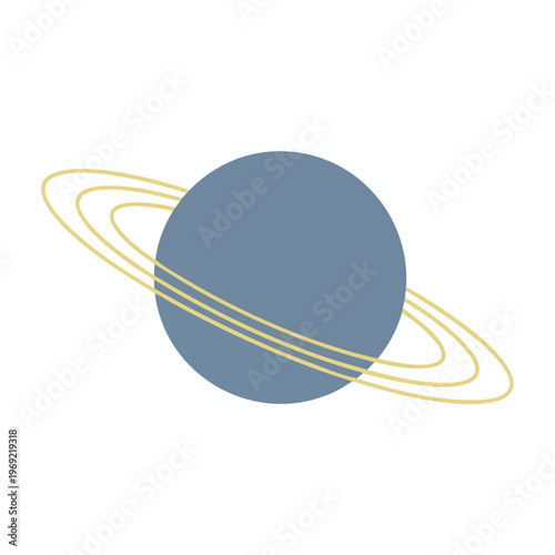 Stylized planet with three thin golden rings orbiting its blue sphere