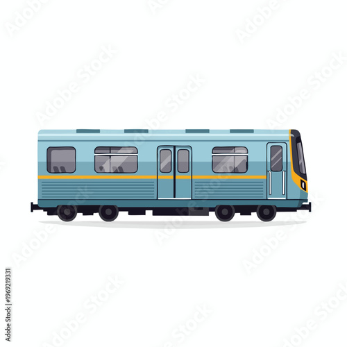 Modern blue passenger train with yellow accents on a white background