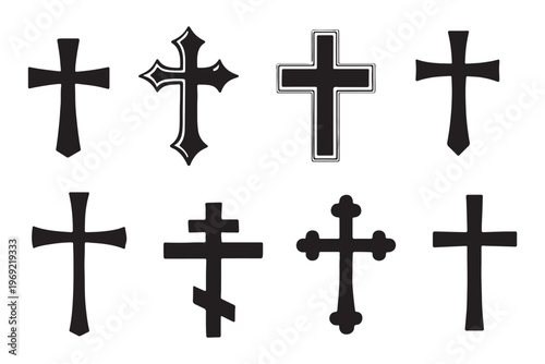 Set of elegant golden Christian crosses with metallic textures. Religious symbols of faith and spirituality, isolated on light background. Decorative crucifix icons perfect for church, Easter