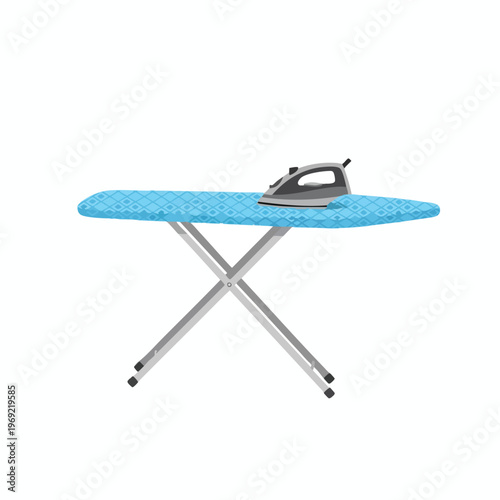 Gray iron rests on a blue patterned ironing board with silver legs