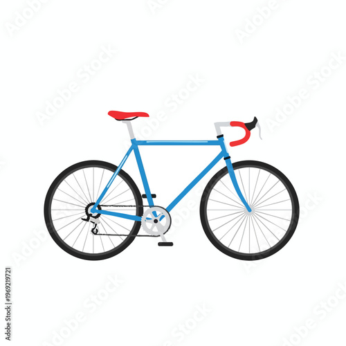 Sleek blue racing bicycle with a red seat and handlebars on white