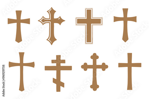 Set of elegant golden Christian crosses with metallic textures. Religious symbols of faith and spirituality, isolated on light background. Decorative crucifix icons perfect for church, Easter