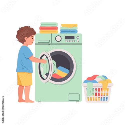 Young boy loading laundry into washing machine, colorful clothes in basket, household chores