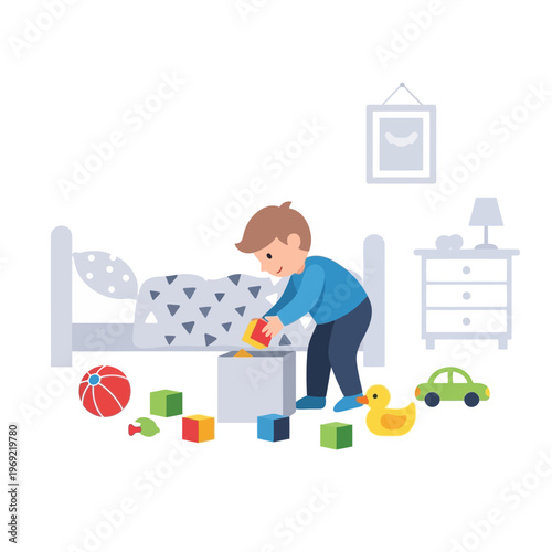 Young boy tidying up toys in bedroom with bed and dresser, flat design illustration