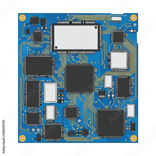 A blue printed circuit board with multiple black and white chips, gold traces, and circular mounting points