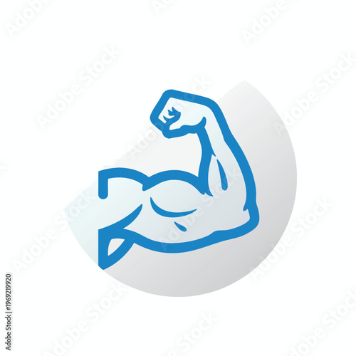 Blue stylized arm flexing with biceps highlighted, on gray circle background