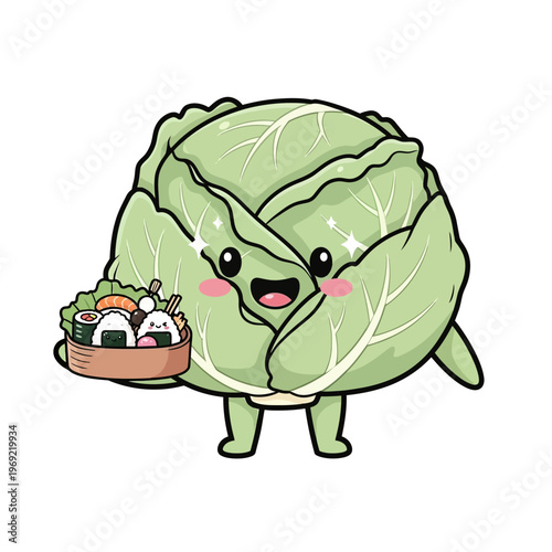 Cute Cabbage Character Holding Sushi Bento Box