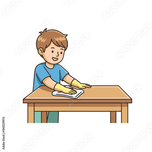 Boy cleaning wooden table with cloth, wearing yellow gloves, happy expression