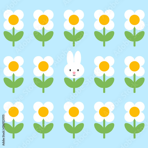 Cute Minimalist Easter Bunny Hidden in a Grid of Spring Daisy Flowers on Pastel Blue Background