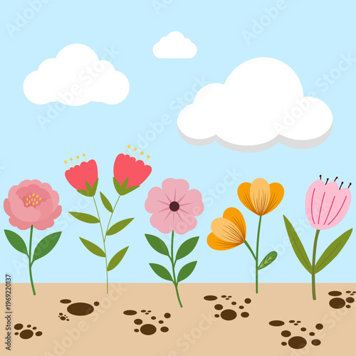 Cute Simple Spring Floral Landscape with Pink Flowers and Clouds in Flat Design Style
