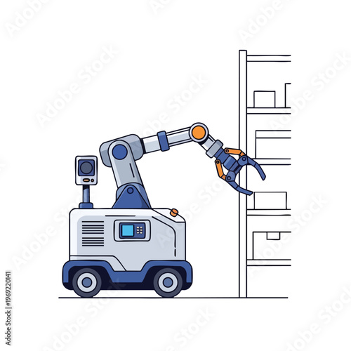Robotic arm on mobile platform interacts with shelving in a warehouse environment