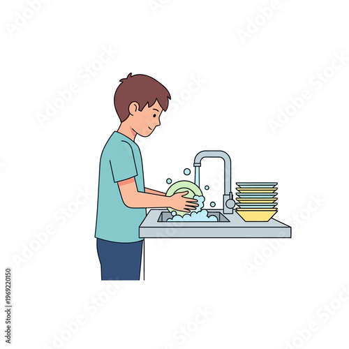 Boy washing dishes in kitchen sink with running water and soap bubbles