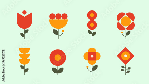 Retro Mid-Century Modern Geometric Flower Icon Set in Flat Design Style