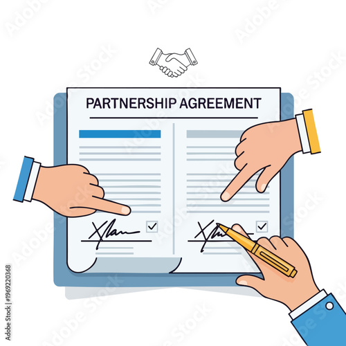 Hands signing partnership agreement document with pen, with handshake icon above