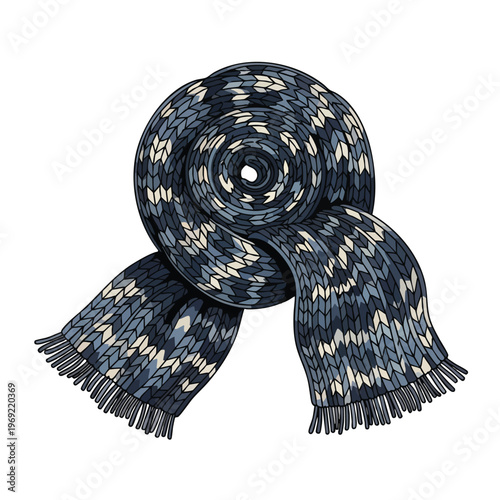A coiled, patterned scarf with fringed ends, rendered in shades of blue and cream