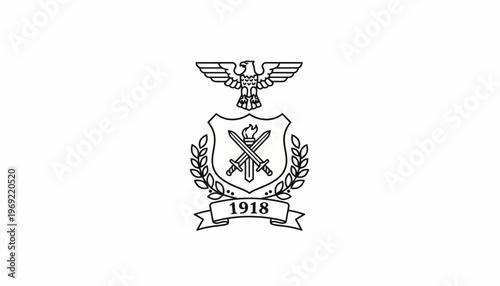 Emblem of 1918 with Eagle, Crossed Swords, Laurel Wreath, and Banner