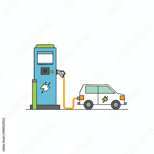 White electric car plugs into a blue charging station with lightning bolt symbols