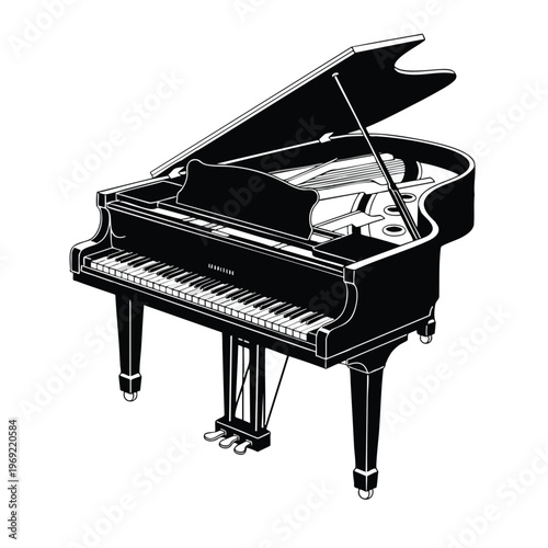 An open black grand piano with white keys and three pedals rests on four legs