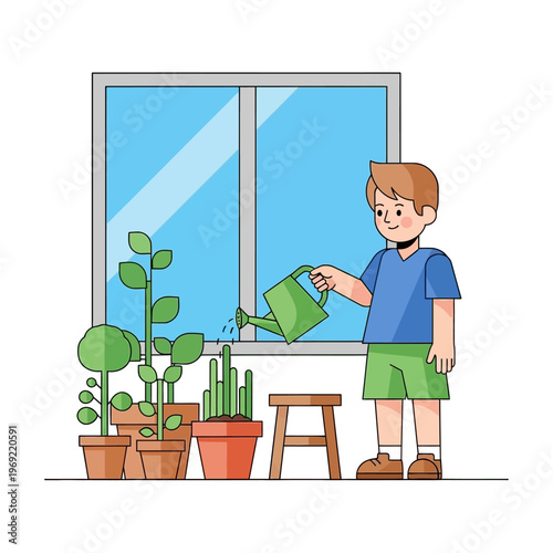 Boy watering plants in pots near window, cartoon illustration
