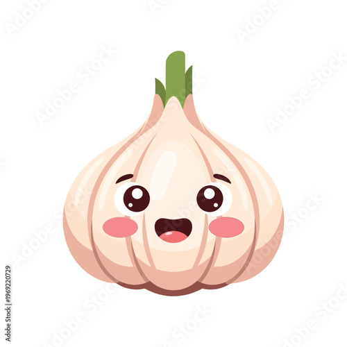 Cute Kawaii Garlic Character with Happy Face and Blushing Cheeks