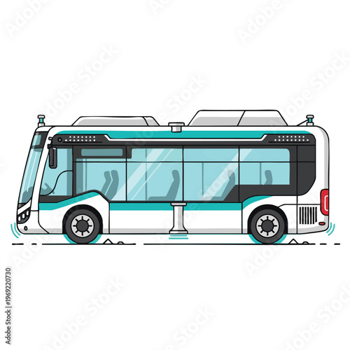 Modern white bus with teal accents, large windows, and visible interior seats