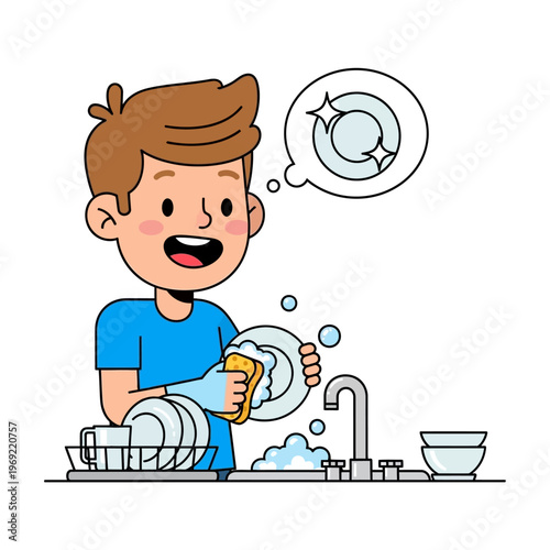 Happy Boy Washing Dishes in Kitchen Sink with Bubbles and Sparkles